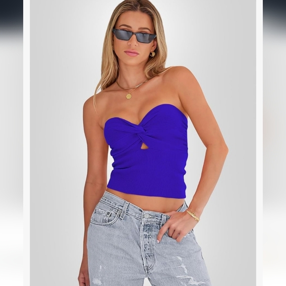 EFAN Tube Top Cropped Sleeveless Cut Out Twist Knot Front Bandeau Ribbed Knit - Picture 2 of 9